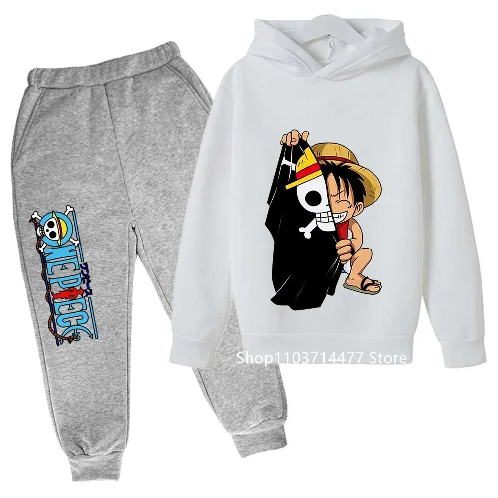 A comfortable One Piece Hoodie Set for kids featuring Monkey D. Luffy anime graphics, including a hoodie and pants 2-piece sports suit.