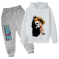 A comfortable One Piece Hoodie Set for kids featuring Monkey D. Luffy anime graphics, including a hoodie and pants 2-piece sports suit.