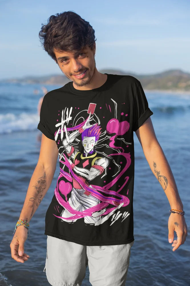 A premium Hisoka Shirt featuring a black and white manga strip graphic of Hisoka Morow from Hunter x Hunter, designed as a soft unisex anime tee.