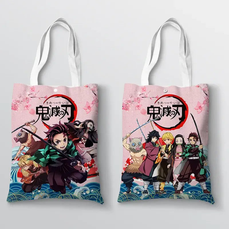 Shinobu Kocho Canvas Bag featuring characters from Demon Slayer, perfect for anime fans and shopping.