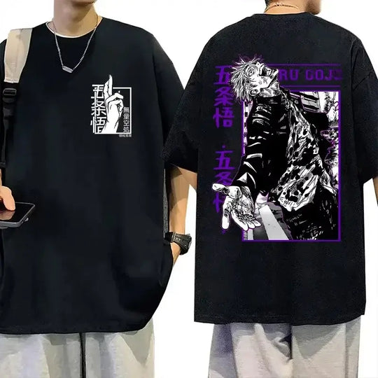 A loose-fit Gojo Satoru T-Shirt made of soft cotton, featuring a stylish Harajuku anime graphic for men and women.