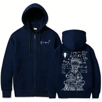 Senku Ishigami Dr. Stone Zip-Up Hoodie featuring fleece and scientific designs in navy blue