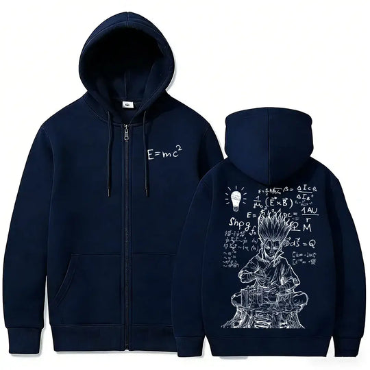 Senku Ishigami Dr. Stone Zip-Up Hoodie featuring fleece and scientific designs in navy blue