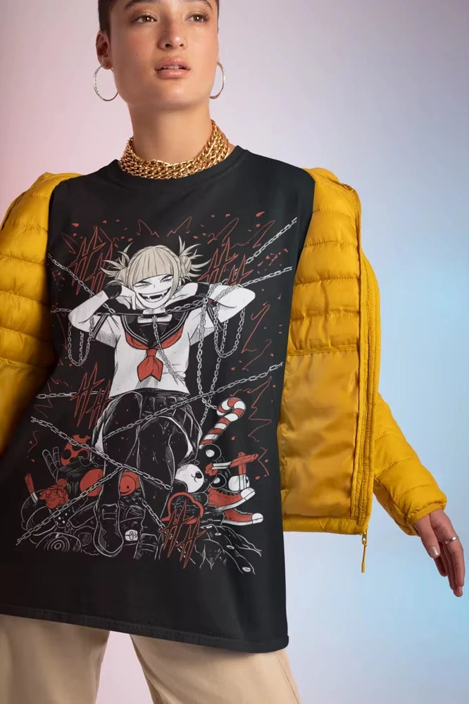 A funny Himiko Toga T-Shirt featuring a kawaii graphic of the villain expressing love for Izuku Midoriya, designed as a girl's anime gift.