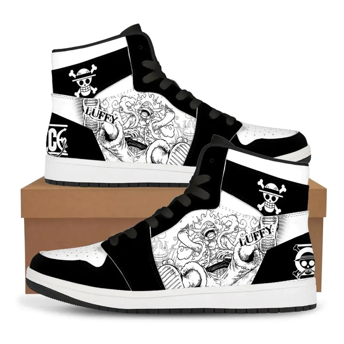 A pair of custom One Piece Basketball Shoes featuring anime designs of Luffy and Zoro, suitable as unisex sneakers.