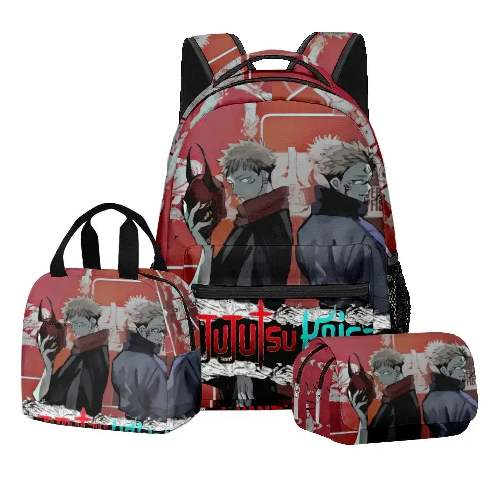 A 3-piece Jujutsu Kaisen Backpack Set featuring a digital print schoolbag, thermal lunch bag, and 2-layer pencil case for boys.