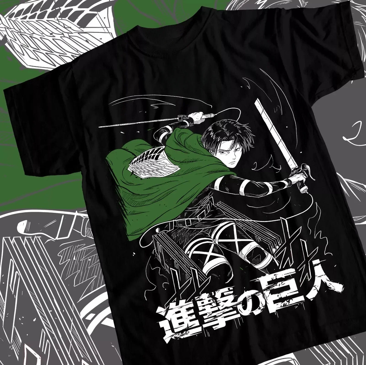 A stylish Levi Ackerman T-shirt made of soft cotton, featuring a Shingeki no Kyojin anime graphic pattern for men and women.