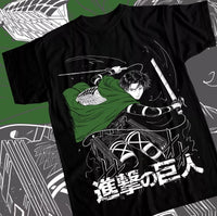 A stylish Levi Ackerman T-shirt made of soft cotton, featuring a Shingeki no Kyojin anime graphic pattern for men and women.