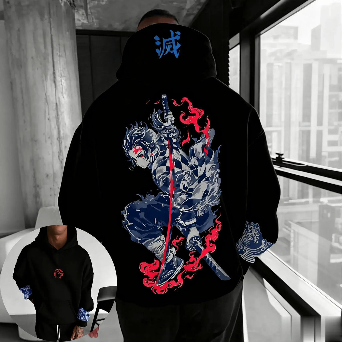 A trendy oversized Demon Slayer Hooded Sweatshirt featuring colorful anime character graphics, designed as casual autumn streetwear for men and women.