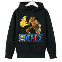 A trendy One Piece Kids Hoodie featuring cartoon graphic prints of Luffy and Zoro, designed as a casual spring and autumn pullover for children.