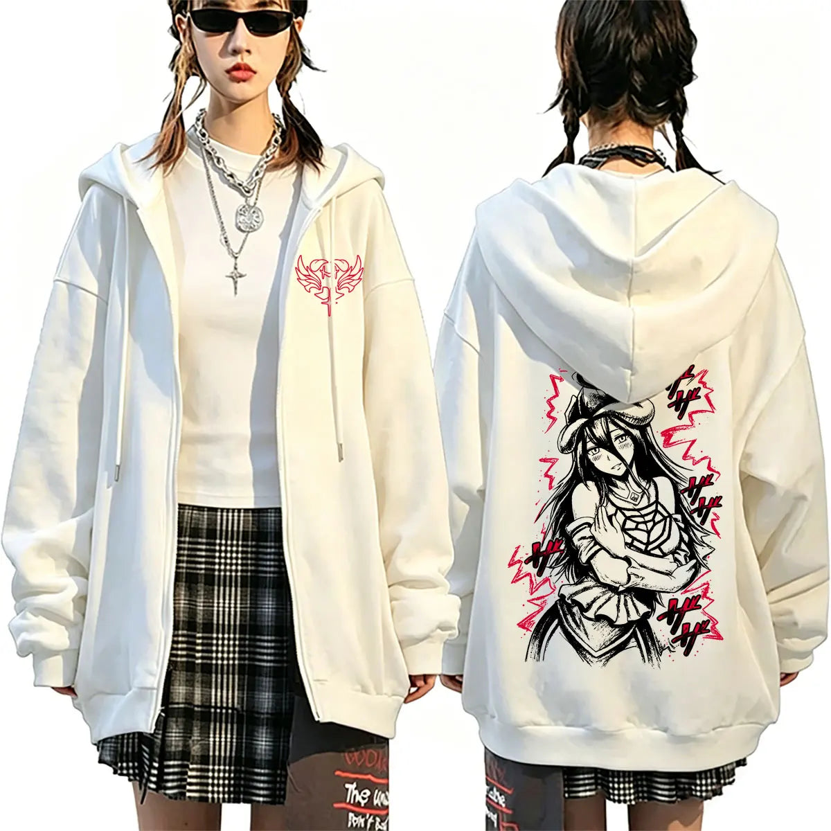 Albedo Overlord Vintage Zip Up Hoodie worn by a model showcasing its cotton fleece and unique design.
