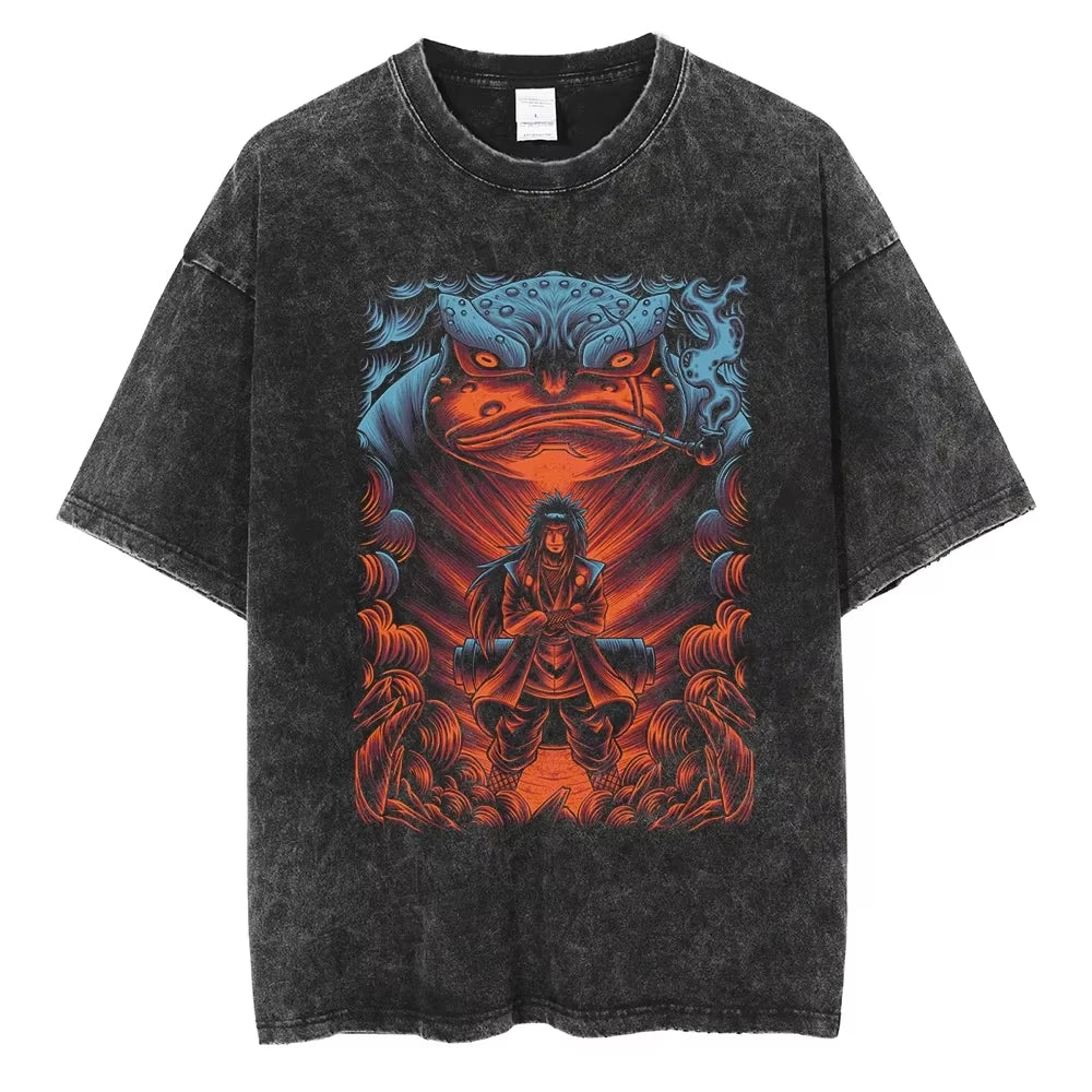 A washed black Naruto Vintage T-Shirt featuring a hip hop style anime print, designed as Harajuku streetwear for men and women.