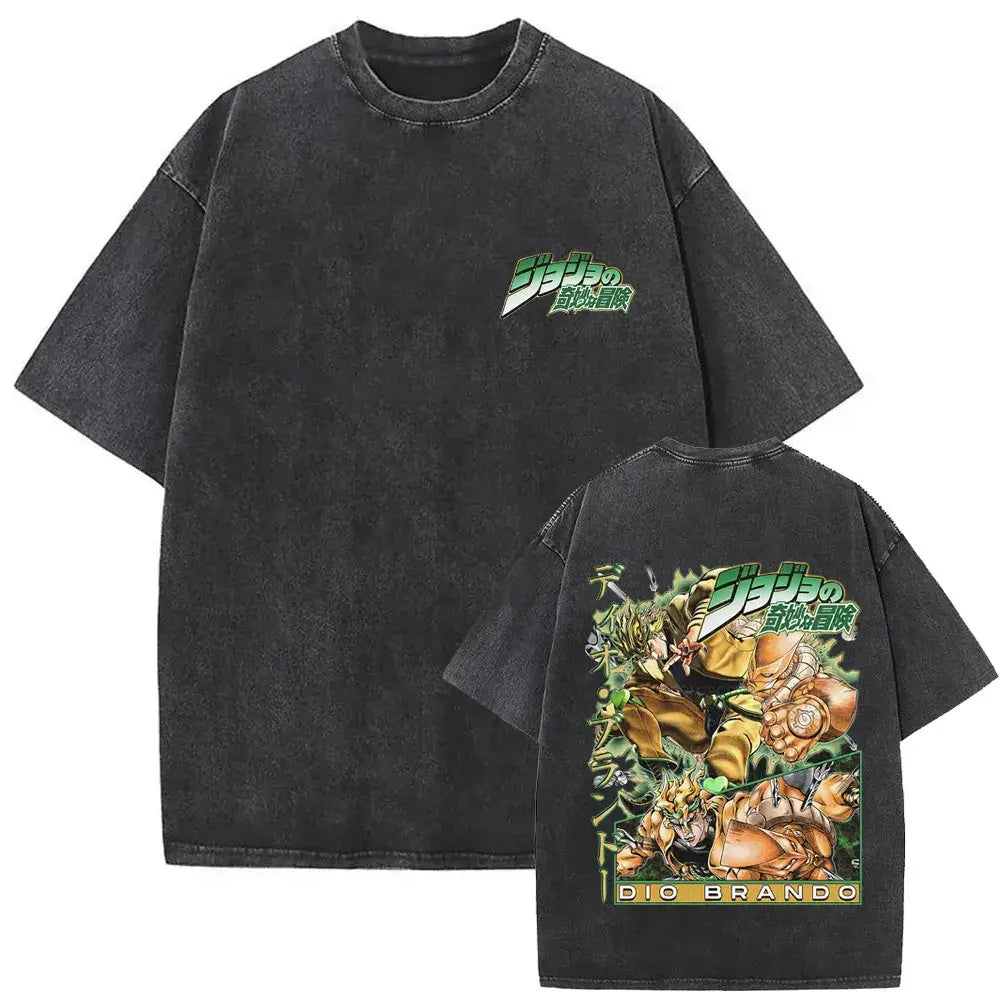 A washed Jojo Bizarre Adventure Vintage T-shirt featuring high-quality manga prints of Jotaro Kujo, Dio, and Giorno for men and women.
