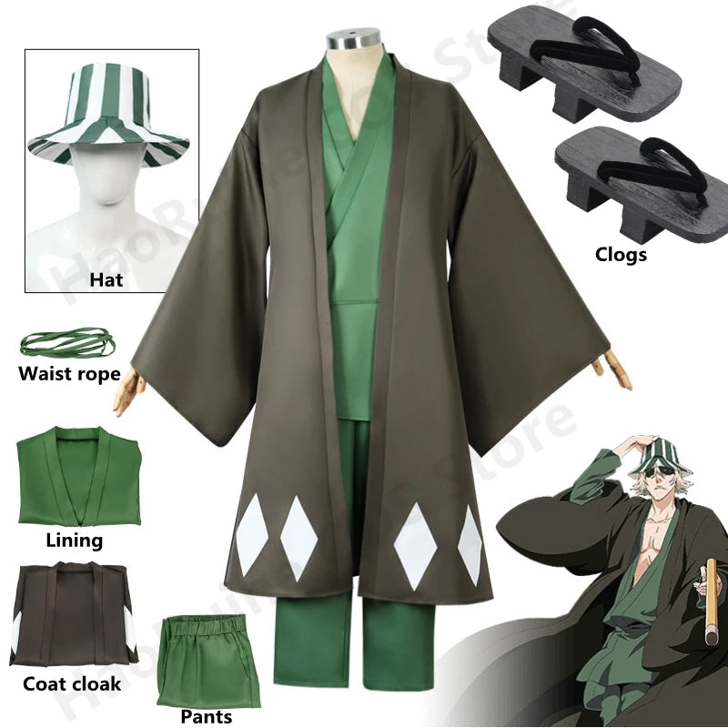 Urahara Kisuke BLEACH Cosplay Costume 3-Piece Set with hat, coat cloak, pants, and accessories.