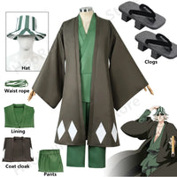 Urahara Kisuke BLEACH Cosplay Costume 3-Piece Set with hat, coat cloak, pants, and accessories.