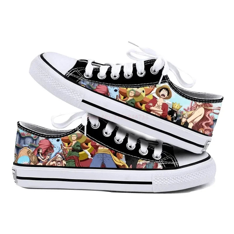 One Piece Anime Low Top Canvas Sneakers flat lay pair printed anime canvas couple birthday gift