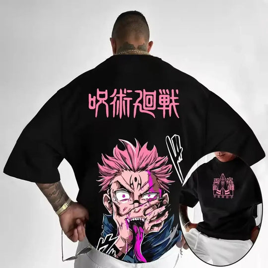 A black Jujutsu Kaisen T-Shirt for men featuring a high-definition anime graphic print, styled for casual streetwear.