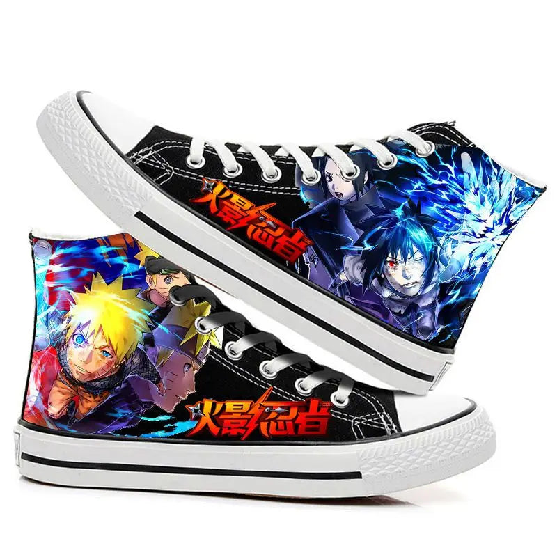 Trendy high-top Naruto Canvas Shoes featuring cool graffiti personality prints of Sasuke Uchiha, Itachi, and Kakashi for men and women.