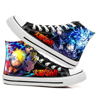 Trendy high-top Naruto Canvas Shoes featuring cool graffiti personality prints of Sasuke Uchiha, Itachi, and Kakashi for men and women.