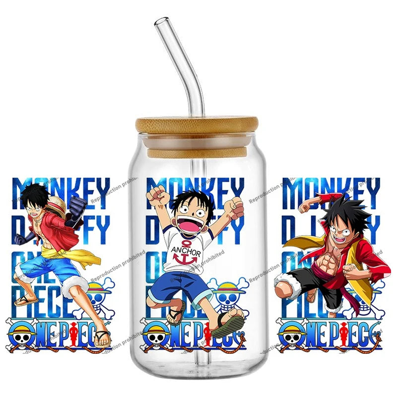A collection of the newest 31 designs of popular One Piece UV DTF Stickers for a 16oz glass cup.