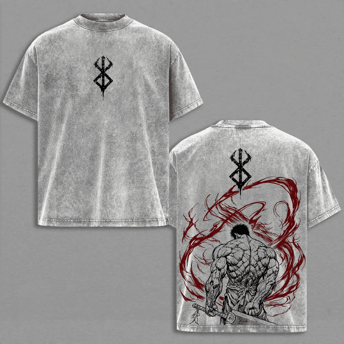 Guts Berserk Vintage Washed Oversized T-Shirt close-up showing graphic print and washed finish