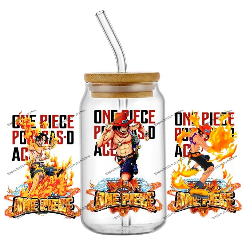 A collection of the newest 31 designs of popular One Piece UV DTF Stickers for a 16oz glass cup.