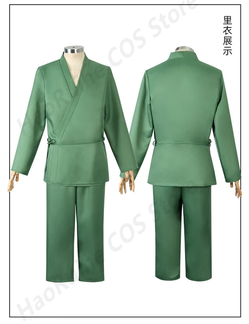 Urahara Kisuke BLEACH Cosplay Costume featuring a green top, pants, and hat, perfect for adult fans.