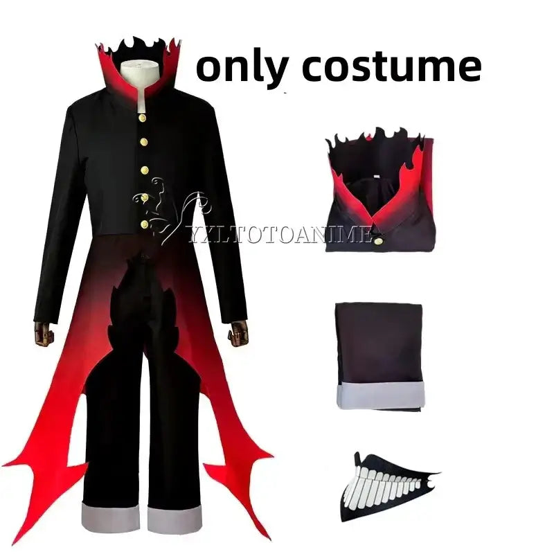 Dandadan Okarun Cosplay Costume Wig Suit featuring a black and red design, perfect for Halloween celebrations.