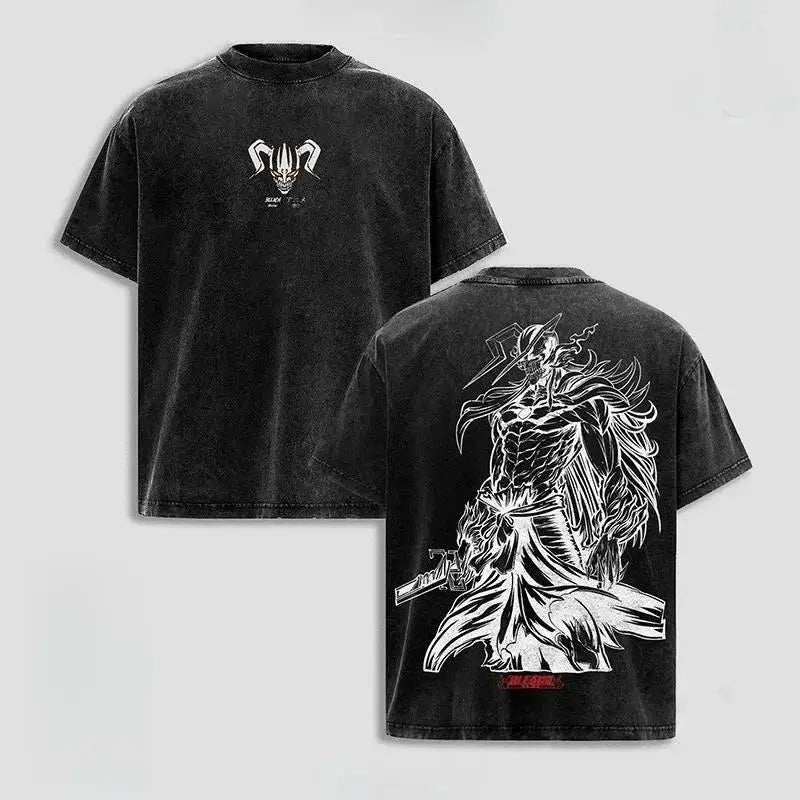 Bleach T-Shirt Vintage Washed Anime Streetwear oversized nylon-cotton blend Y2K hip-hop Bleach anime graphic washed finish applique unisex S to XXXL front view