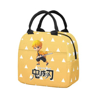 A 3-piece Demon Slayer Backpack Set featuring Tanjiro and Nezuko anime art, including a school bag, lunch box, and pencil case for elementary students.