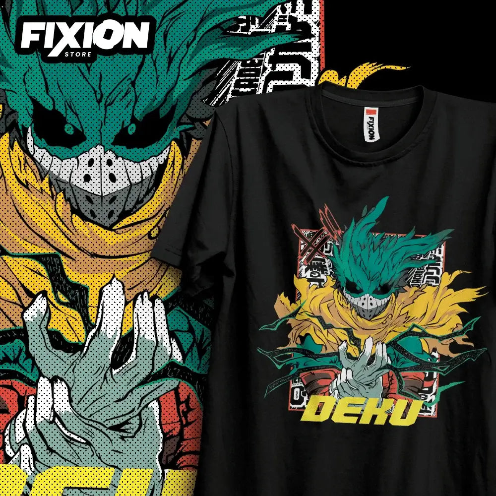 A premium Deku T-Shirt featuring black and white manga graphic art of Izuku Midoriya, made of 100% cotton for anime fans.