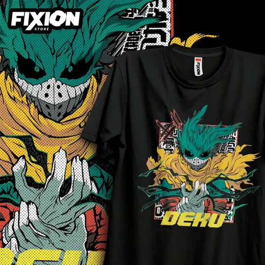 A premium Deku T-Shirt featuring black and white manga graphic art of Izuku Midoriya, made of 100% cotton for anime fans.