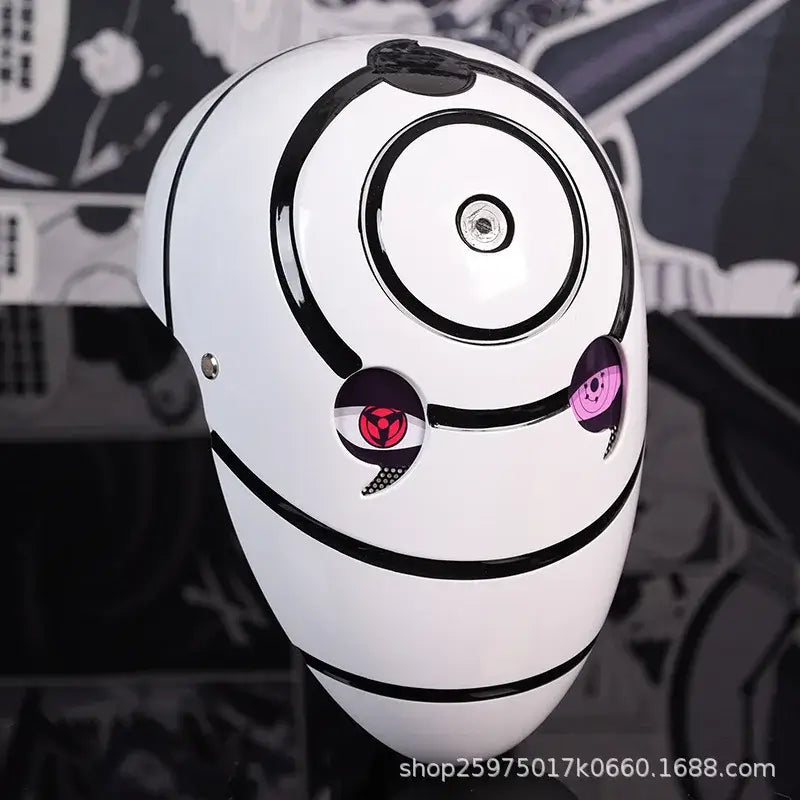 A highly imitative, high-gloss Obito Cosplay Mask featuring the Akatsuki Sharingan design for anime Halloween costumes and conventions.