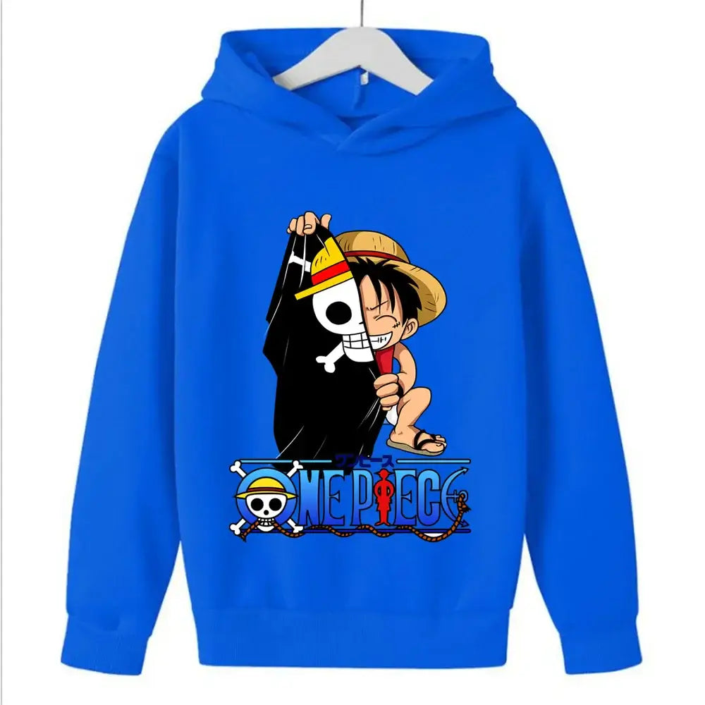 A 2025 New Anime One Piece Hoodies for Kids, a fashion Luffy pullover and hip hop coat for boys' clothing and cosplay.