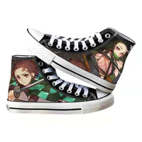 High-top Demon Slayer Canvas Shoes featuring Tanjiro Kamado and Jibaku Shounen Hanako-kun anime prints for casual fashion.