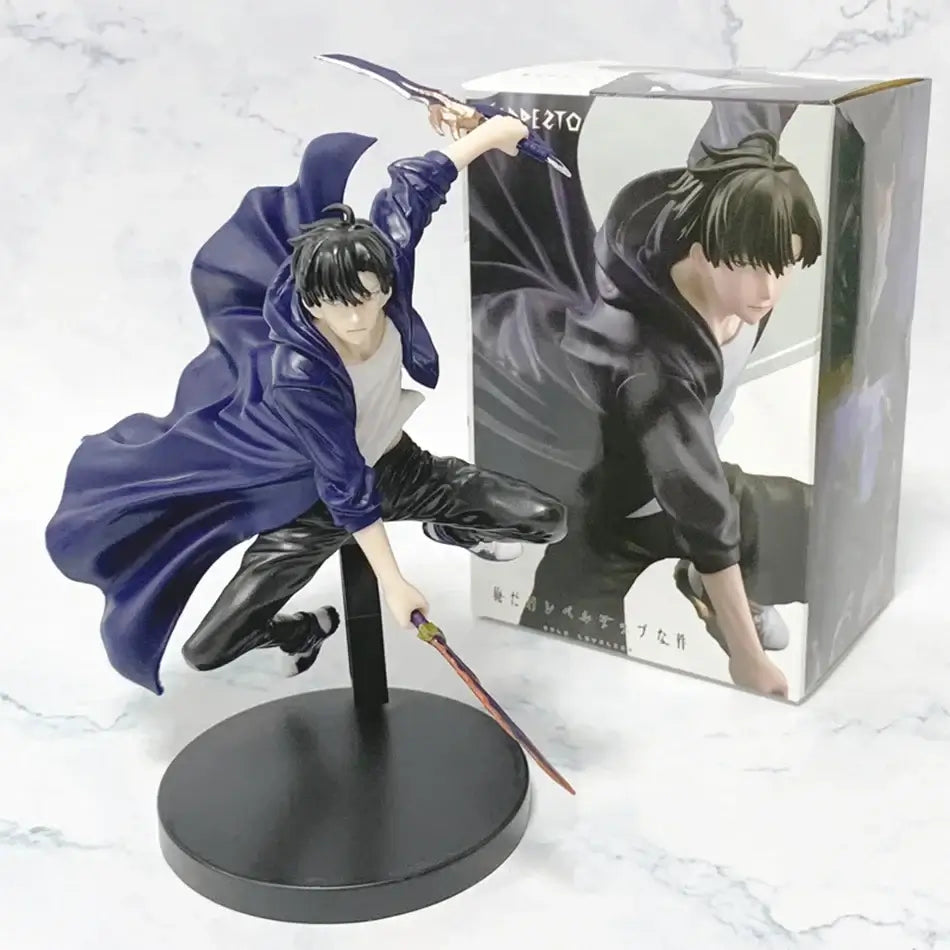 A highly detailed Sung Jin Woo Figure, showcasing the Solo Leveling Shadow Monarch in a dynamic anime action pose for desktop decoration.