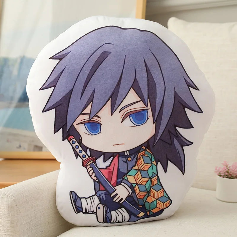 Demon Slayer Nezuko Kawaii Stuffed Plush Doll showcased with a girl holding the cushion featuring Nezuko and Tanjiro designs.