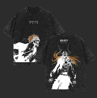 Bleach T-Shirt Vintage Washed Anime Streetwear oversized nylon-cotton blend Y2K hip-hop Bleach anime graphic washed finish applique unisex S to XXXL front view