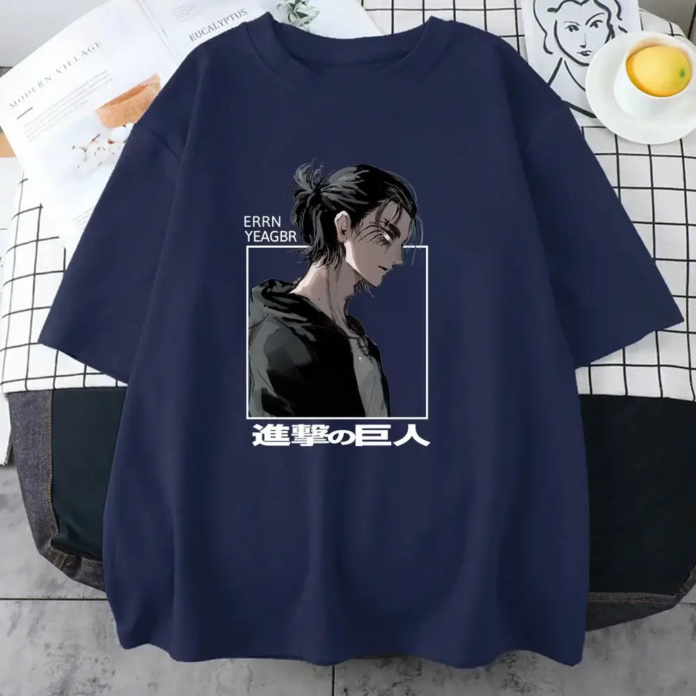 A cool street style Eren Jaeger T-Shirt with a graphic print from Attack on Titan for men and women.