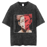 Yuji and Sukuna Split Face T-Shirt featuring contrasting faces of Yuji Itadori and Sukuna.