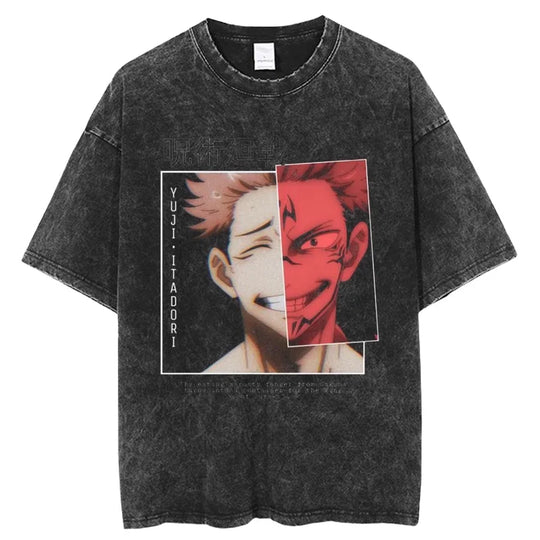 Yuji and Sukuna Split Face T-Shirt featuring contrasting faces of Yuji Itadori and Sukuna.