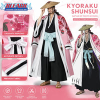 Shunsui Kyoraku BLEACH TYBW Cosplay Costume showcased in a vibrant five-piece outfit with printed robe.