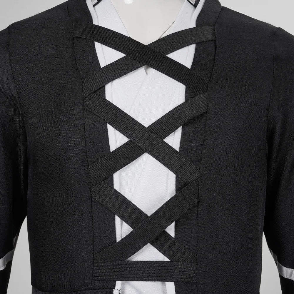 Kurosaki Ichigo Cosplay Costume complete display featuring overcoat, inner vest, pants, and white waist belt.