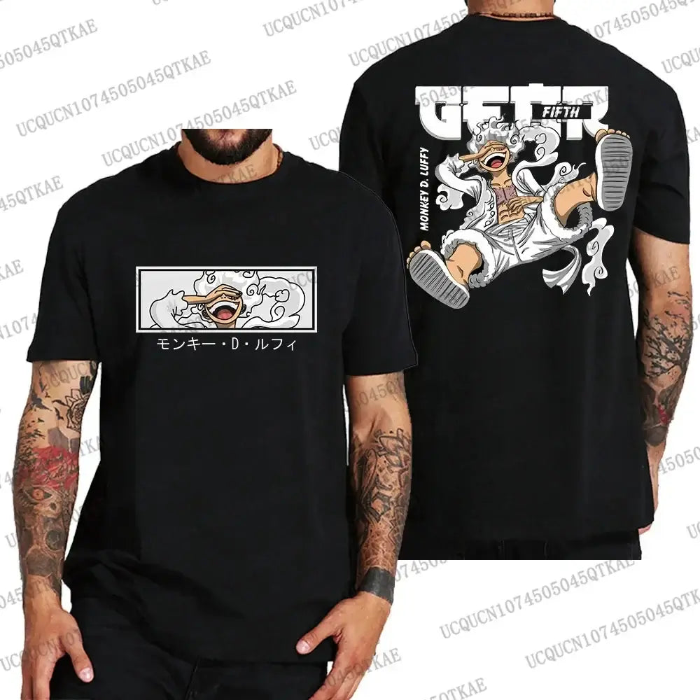 A trendy One Piece Luffy T-Shirt made of breathable cotton, featuring a graphic print of Monkey D. Luffy for summer cosplay fashion.