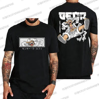 A trendy One Piece Luffy T-Shirt made of breathable cotton, featuring a graphic print of Monkey D. Luffy for summer cosplay fashion.