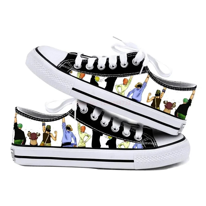 One Piece Anime Low Top Canvas Sneakers flat lay pair printed anime canvas couple birthday gift