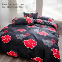 A creative Naruto Akatsuki Bedding four-piece set featuring cute 2D cartoon anime characters on a duvet cover and bed sheets.