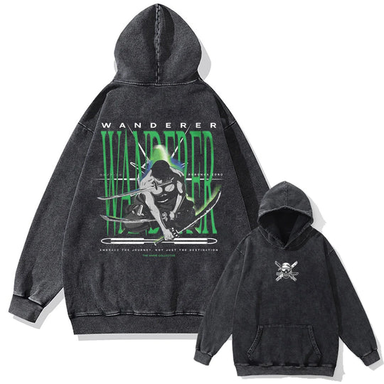 One Piece Vintage Washed Oversized Hoodie featuring a graphic print of a wanderer on a black background.