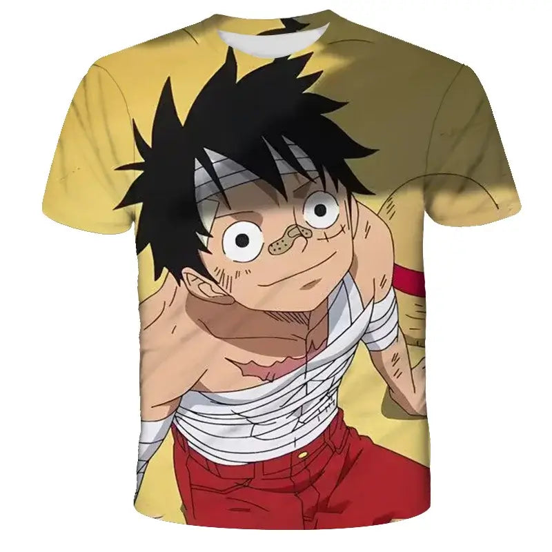 A 3D printed One Piece Luffy T-Shirt featuring a dynamic cartoon cosplay graphic of Monkey D. Luffy for boys' summer fashion.