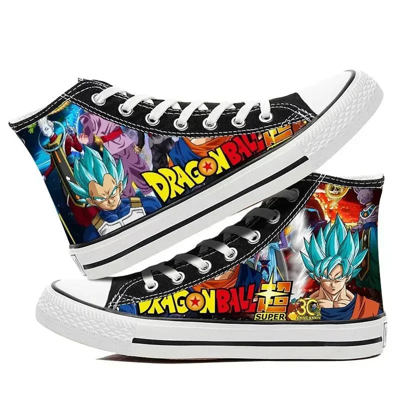A pair of hot Dragon Ball Goku Canvas Shoes, anime fashion sneakers with a graffiti design for men, women, teenagers, and students.